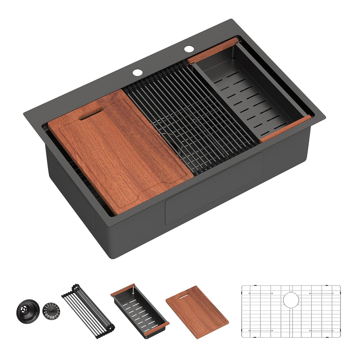 Lordear 33 Inch Matte Black Drop-In Workstation Kitchen Sink