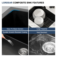 Lordear 22x17x9 Inch Black Granite Composite Undermount Bar Sink