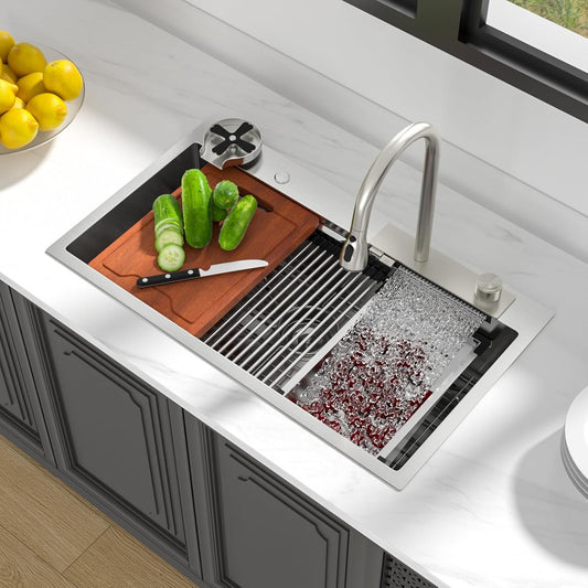 Lordear 33" x 19" Stainless Steel Drop-in Single Bowl Waterfall Workstation Kitchen Sink - Push Button Upgrade