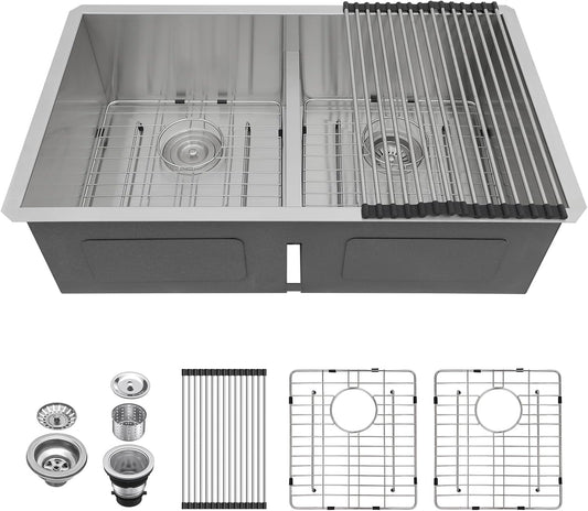 Lordear Stainless Steel Double Bowl Undermount Low Divide Kitchen Sink 1500