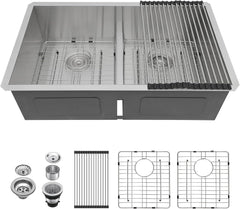 Lordear Stainless Steel Double Bowl Undermount Low Divide Kitchen Sink