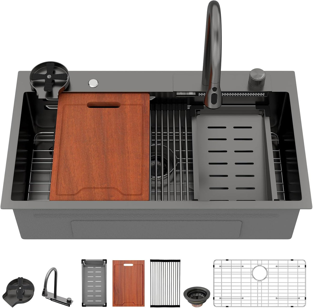 Lordear 33'' x 19'' Drop-in Single Bowl Waterfall Stainless Steel Workstation Kitchen Sink - Push Button Upgrade
