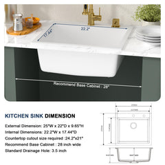 Lordear 25x22x9 Inch Drop-In Kitchen Sink Single Bowl