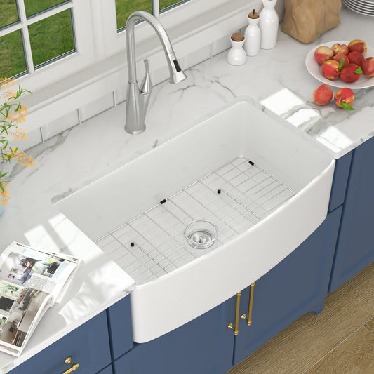 Lordear 33'' White Curved Apron Fireclay Farmhouse Sink