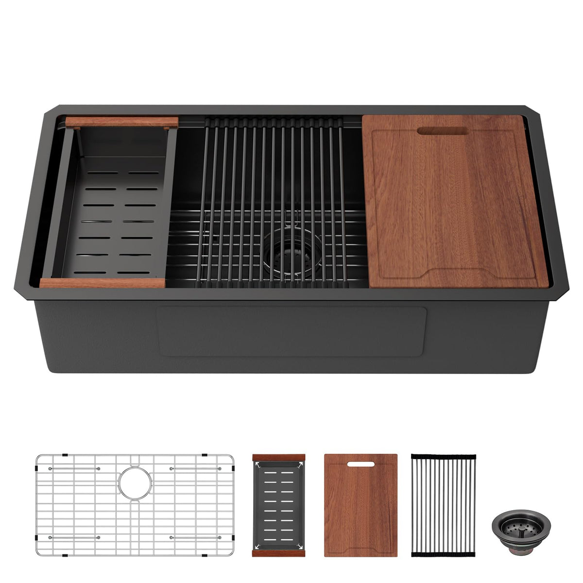 Lordear 36'' Matte Black Stainless Steel Undermount Workstation Kitchen Sink