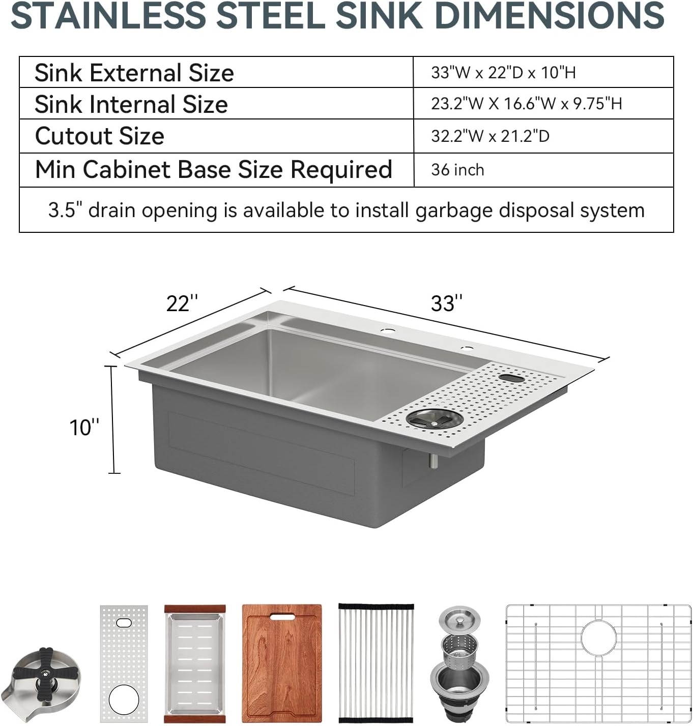 Lordear 33 Inch Drop In Workstation Kitchen Sink 16 Gauge Stainless Steel Single Bowl with Glass Rinser and Cutting Board  from Lordear