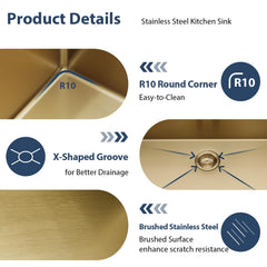 Lordear 28'' Gold Stainless Steel Undermount Workstation Kitchen Sink