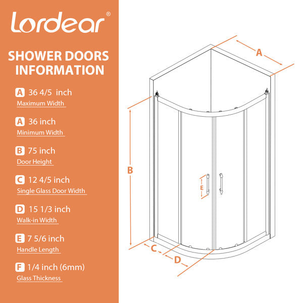 75in Height Frameless Neo-Round Shower Door Bathroom Double Sliding Glass Door 1/4 in. Glass Door  from Lordear