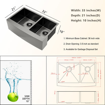 33 Inch Farmhouse Sink Double Bowl 60/40 Kitchen Sink Gunmetal Black Apron Front Sink 16 Gauge Stainless Steel Kitchen Sink  from Lordear