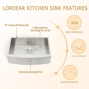 36 Inch Farmhouse Sink 18 Gauge Stainless Steel Kitchen Sink Undermount Single Bowl Sink with Bottom Grid and Strainer from Lordear