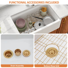 Lordear 33'' Ceramic Apron Front Step Single Bowl Kitchen Sink with Gold Drain Strainer & Complete Workstation Accessories