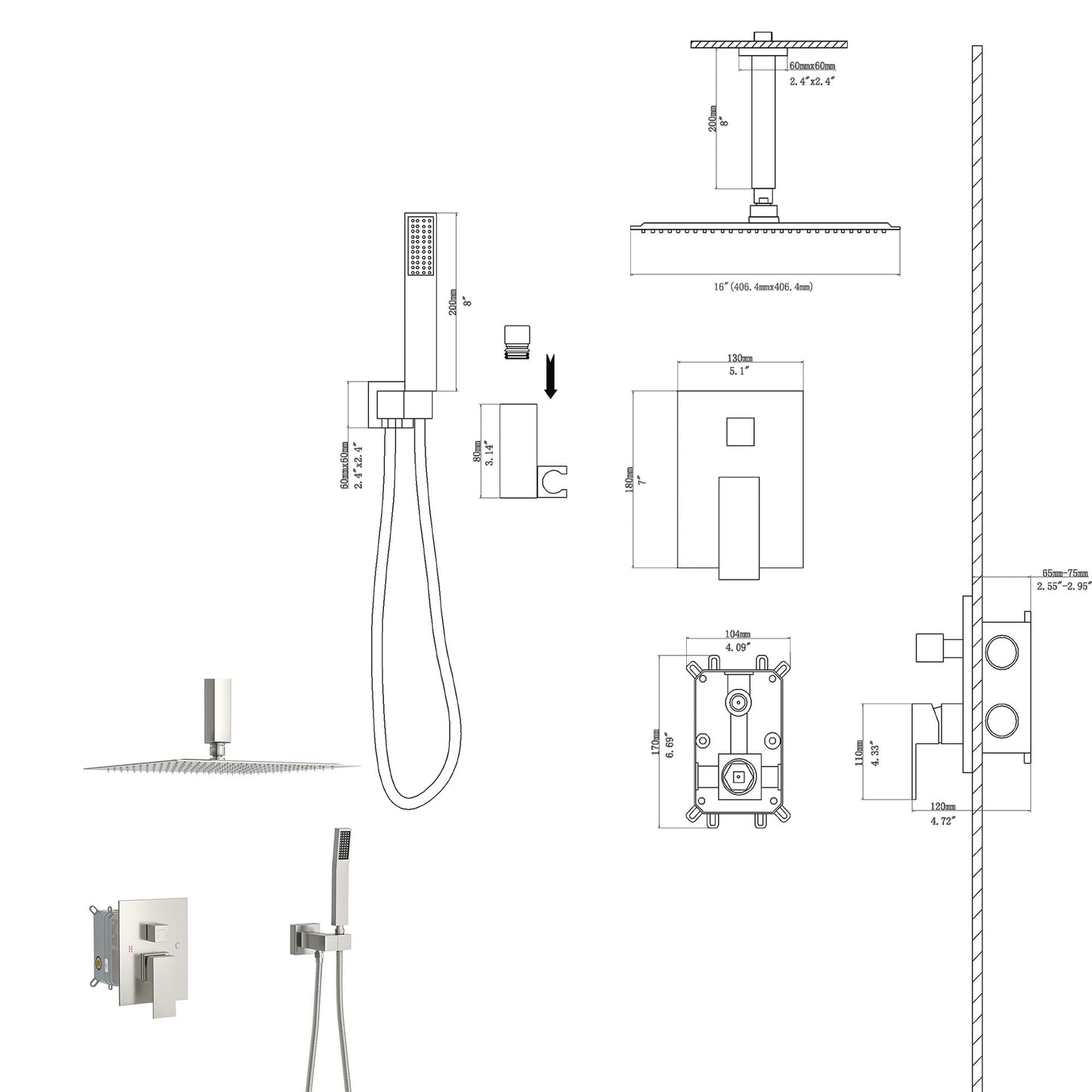 Lordear High Pressure Shower System 10 Inch Shower Faucet Set Ceiling Mounted Brushed Nickel Finish Stainless Steel Shower Head and Handheld, Brass Main Body Shower Valve Included | Big Deal, Shower Faucets & System, Shower Head with Handheld | Lordear