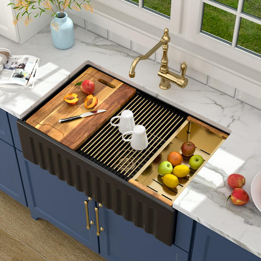 Lordear 33 Inch Black Fireclay Undermount Workstation Farmhouse Kitchen Sink