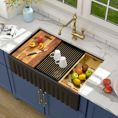 Lordear 33 Inch Black Fireclay Undermount Workstation Farmhouse Kitchen Sink
