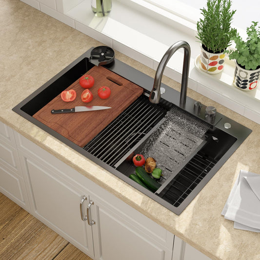 Lordear 36 Inch Black Drop-In Workstation Kitchen Sink