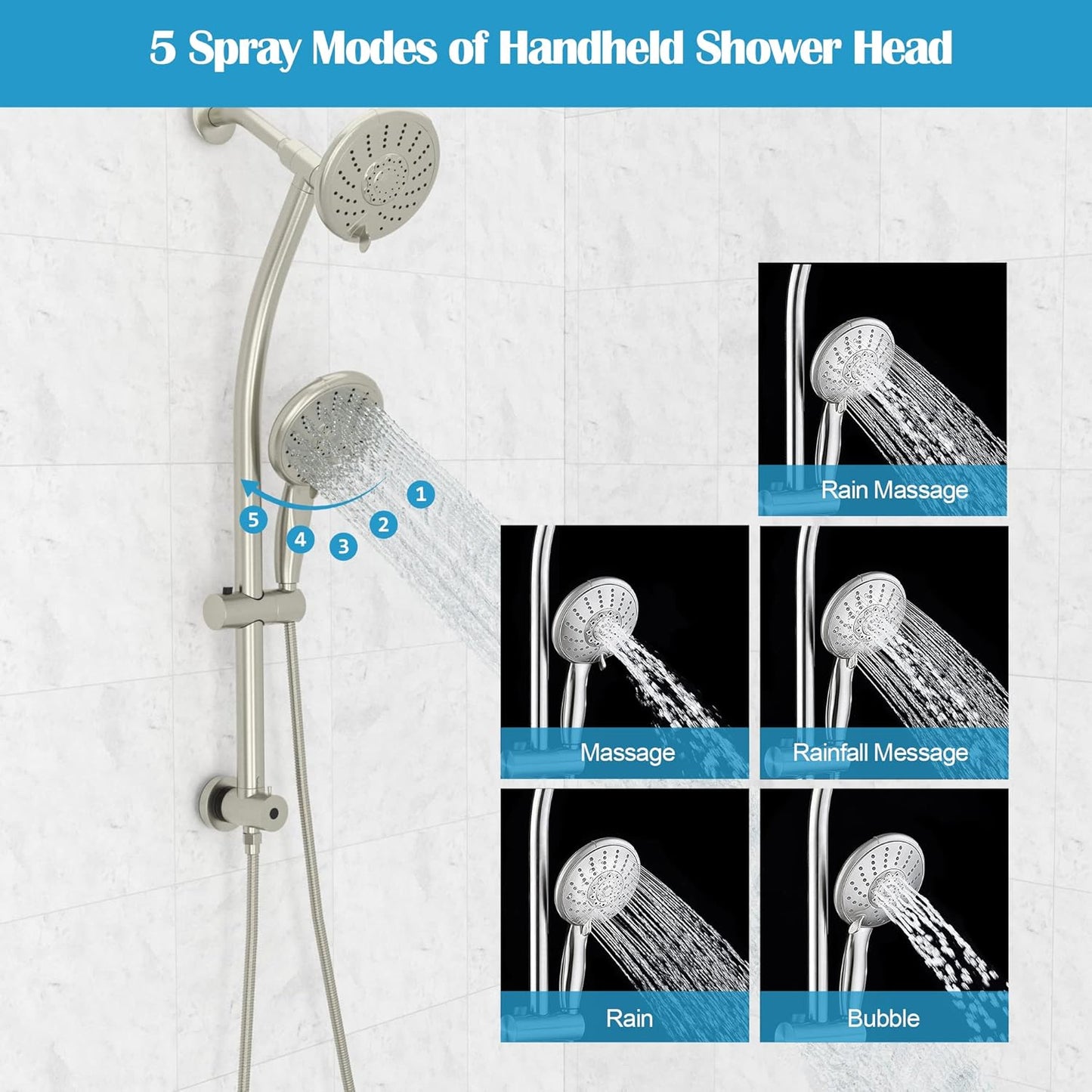 Lordear Rain Shower Head Combo with Handheld Spray 5-Setting Dual Rain Hotel Spa Shower System 3-Way Diverter Adjustable Sliding Bar Brushed Nickel  from Lordear