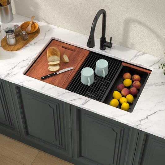 Lordear 33'' Matte Black Stainless Steel Undermount Workstation Kitchen Sink
