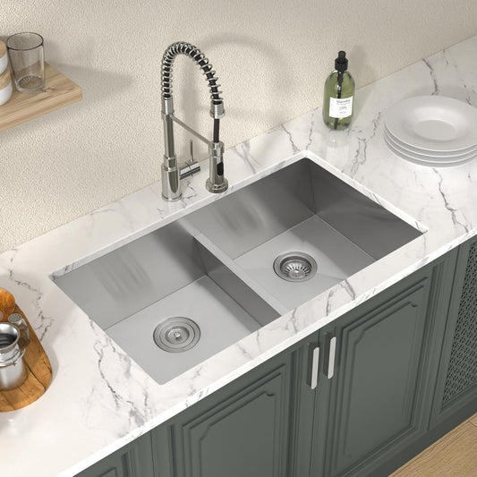 Lordear Stainless Steel Double Bowl Undermount Low Divide Kitchen Sink