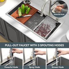 Lordear 33" x 19" Stainless Steel Drop-in Single Bowl Waterfall Workstation Kitchen Sink - Push Button Upgrade