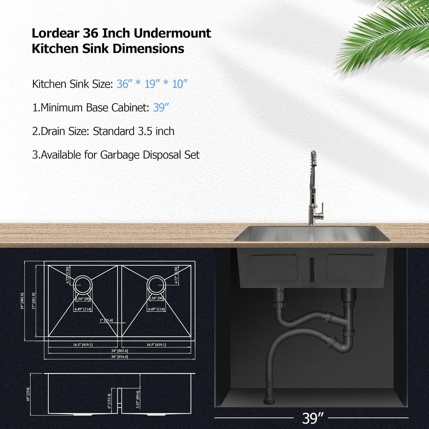 Lordear 36 Inch Double Bowl Stainless Steel Kitchen Sink 36x19 Undermount 10 Inch Deep Handmade 50/50 Kitchen Sink  from Lordear