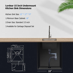 Lordear 15x17-inch Stainless Steel Undermount Workstation Bar & Prep Sink