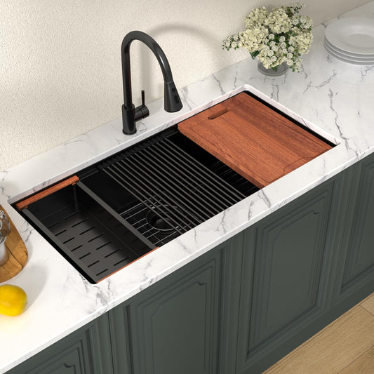 Lordear 39'' Matte Black Stainless Steel Undermount Workstation Kitchen Sink