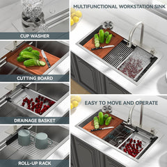 Lordear 33" x 19" Stainless Steel Drop-in Single Bowl Waterfall Workstation Kitchen Sink - Push Button Upgrade