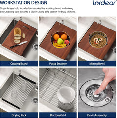 Lordear 39x22 Inch Single Bowl Stainless Steel Drop In Workstation Kitchen Sink with Mixing Bowl