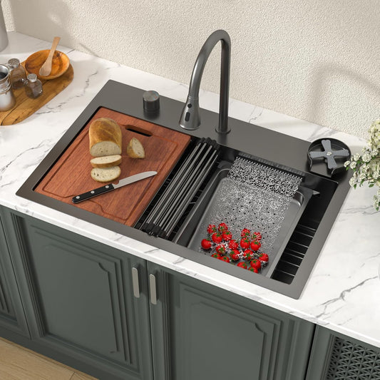 Lordear 31'' Stainless Steel Single Bowl Topmount Waterfall Workstation Kitchen Sink with Pull Out Faucet  from Lordear