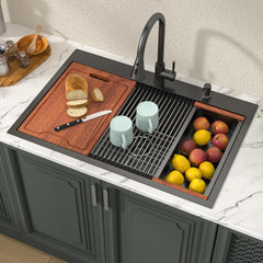 Lordear 33 Inch Matte Black Drop-In Workstation Kitchen Sink