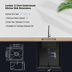 Lordear 13x15-Inch Stainless Steel Undermount Workstation Bar & Prep Sink