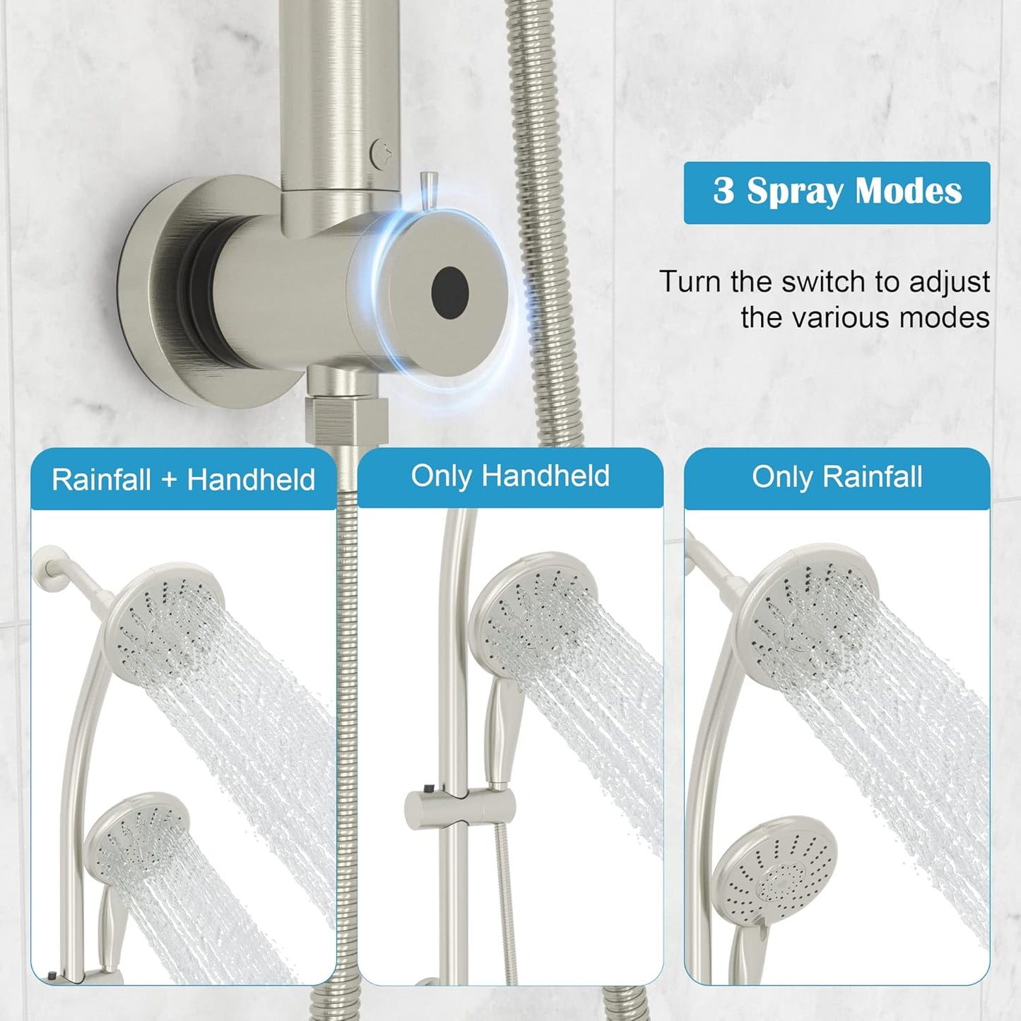 Lordear Rain Shower Head Combo with Handheld Spray 5-Setting Dual Rain Hotel Spa Shower System 3-Way Diverter Adjustable Sliding Bar Brushed Nickel  from Lordear