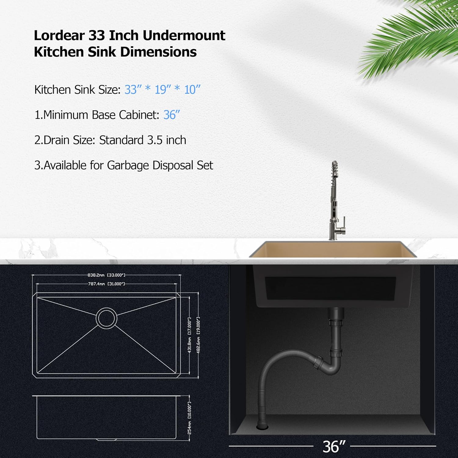 Lordear Marble Coating Finish Kitchen Sink 33 Inch Stainless Steel Single Bowl Undermount Kitchen Sinks 16 Gauge 33x19 Inch with Accessories  from Lordear