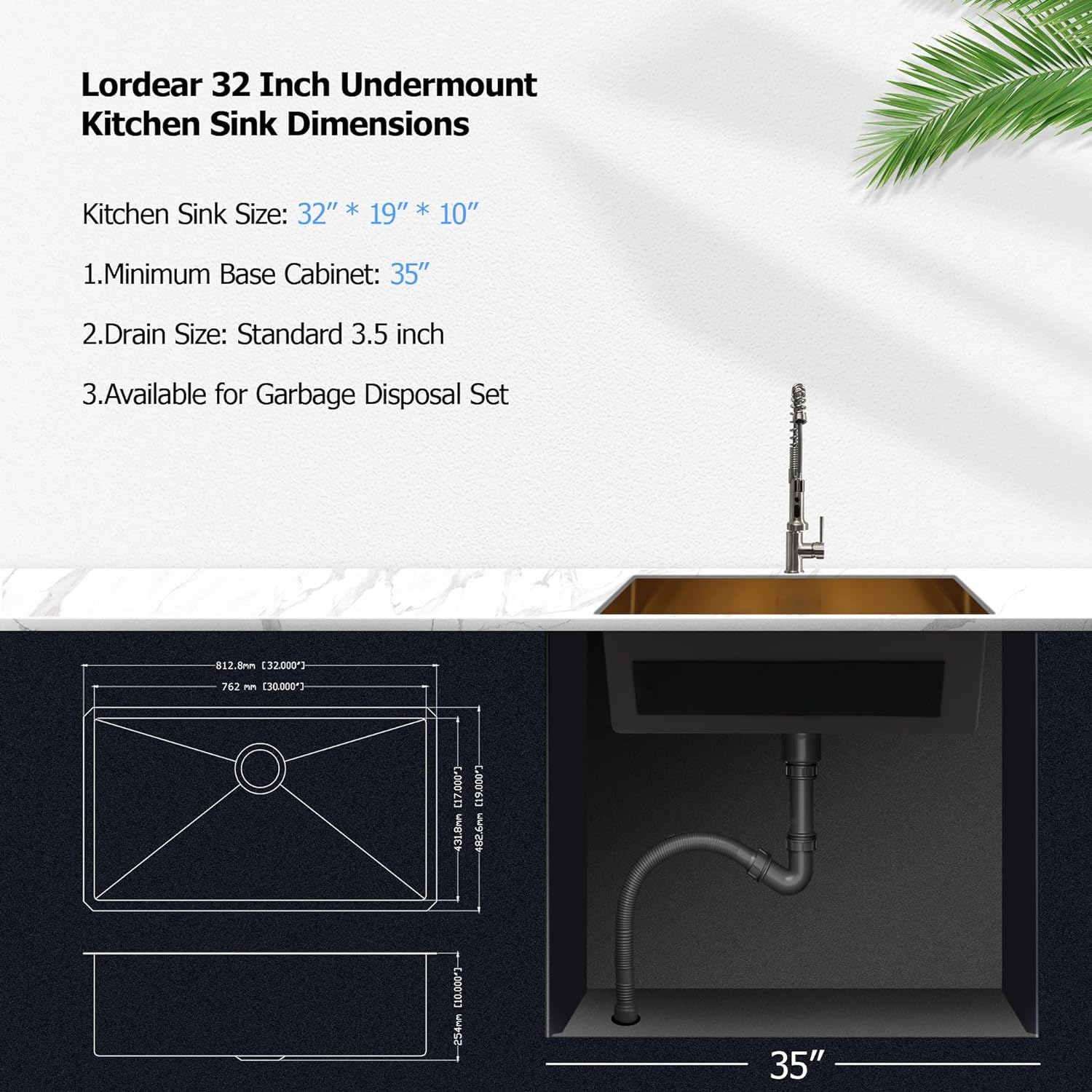 Lordear 32in Undermount Kitchen Sink 32 Inch Kitchen Sink Undermount Matte Gold 16 Gauge Stainless Steel Deep Single Bowl Kitchen Sink Basin Handmade  from Lordear