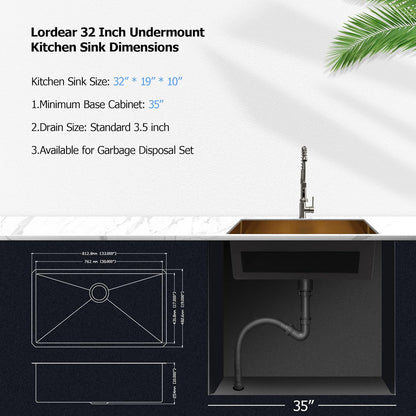 Lordear 32in Undermount Kitchen Sink 32 Inch Kitchen Sink Undermount Matte Gold 16 Gauge Stainless Steel Deep Single Bowl Kitchen Sink Basin Handmade  from Lordear