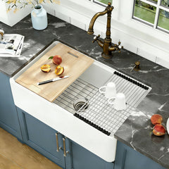 Lordear 33 Inch Glossy White Fireclay Workstation Farmhouse Kitchen Sink