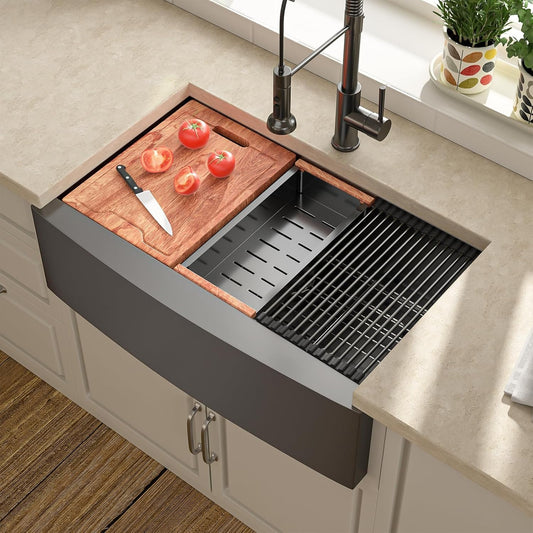 Lordear Black Workstation Stainless Steel Farmhouse Sink