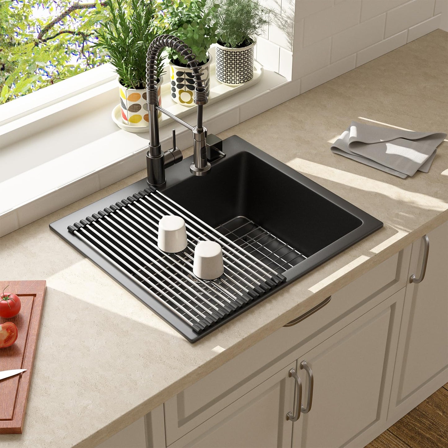 Lordear Black Drop In Kitchen Sink 25 Inch Granite Kitchen Sink Quartz Granite Composite Black Deep Single Bowl Topmount Kitchen Sinks 25x22x10 Inch  from Lordear