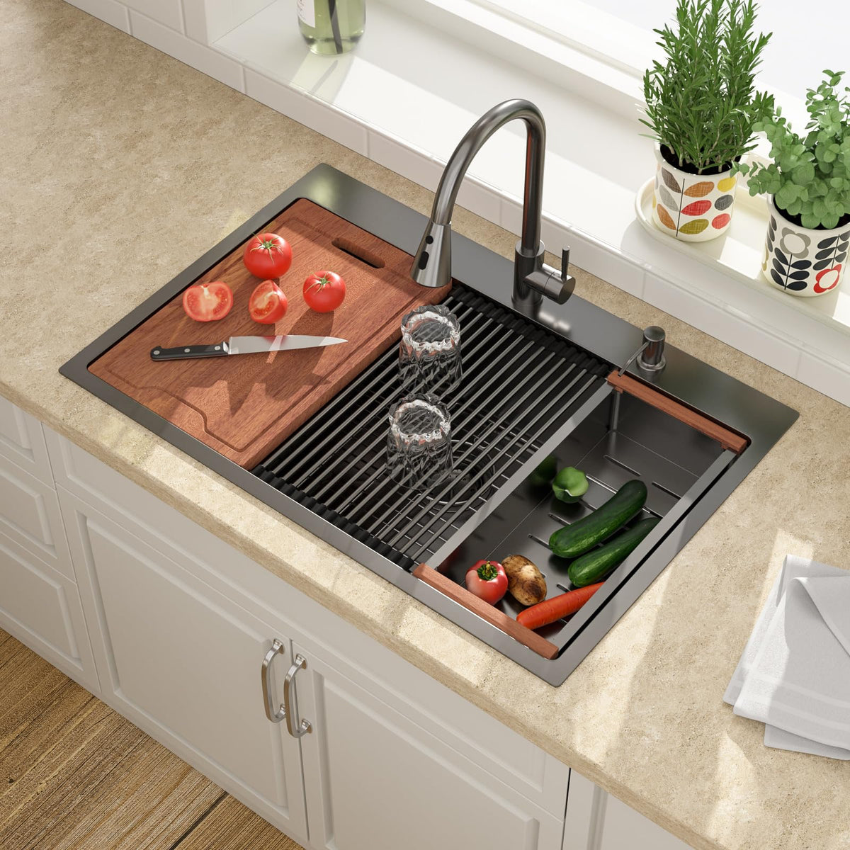 Lordear 33 Inch Black Drop-In Workstation Kitchen Sink
