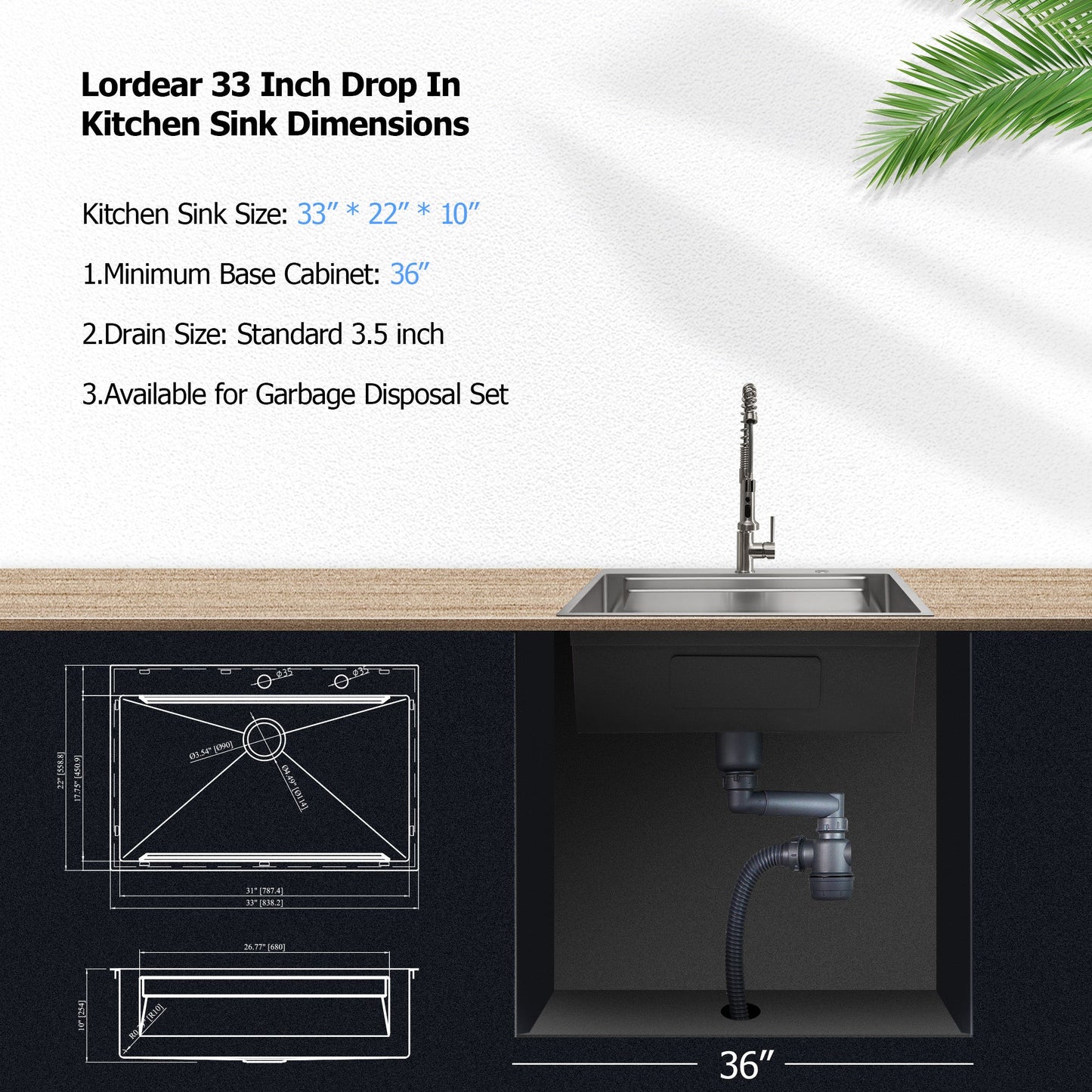 Lordear 33x22 Inch Drop In Patent Double Ledges Design Workstation Sink  from Lordear