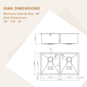 33 Inch Undermount Double Sink - Lordear Stainless Steel Double Kitchen Sink 18 Guage Double Bowl 50/50 Kitchen Sink 33x19x9 Inch Double Sinks from Lordear