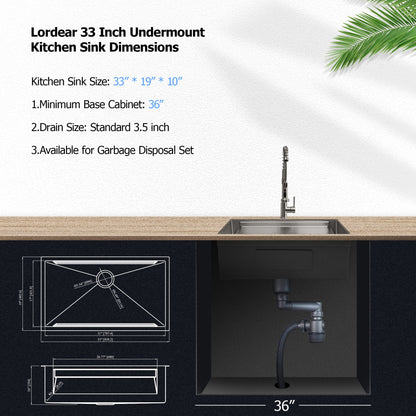 Lordear 33 Inch Undermount Kitchen Sink Stainless Steel 16 Gauge Single Bowl Workstation Large Sink with Double Ledges Design 33 x 19 Inch  from Lordear