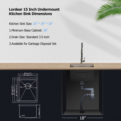 Lordear 15 x 19 x 10 Inch Bar Sink Undermount Kitchen Sink Workstation Single Bowl Sink 16 Gauge Stainless Steel Kitchen Sink with Cutting Board  from Lordear