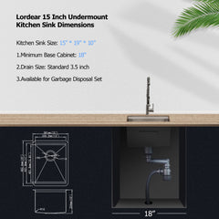 Lordear 15" Stainless Steel Undermount Single Bowl Workstation Bar Sink  from Lordear