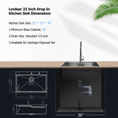 Lordear 33" x 19" Stainless Steel Drop In Single Bowl Worksation Kitchen Sink  from Lordear