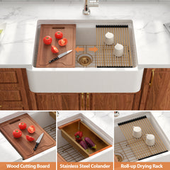 Lordear 33'' Ceramic Apron Front Step Single Bowl Kitchen Sink with Gold Drain Strainer & Complete Workstation Accessories