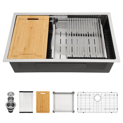 Lordear Patent 33'' Undermount Single Bowl Stainless Steel Workstation Kitchen Sink