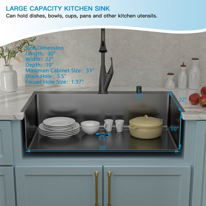 Lordear 30 Inch Drop In Kitchen Sink Gunmetal Black Single Bowl Sink 16 Gauge Stainless Steel Kitchen Sink  from Lordear