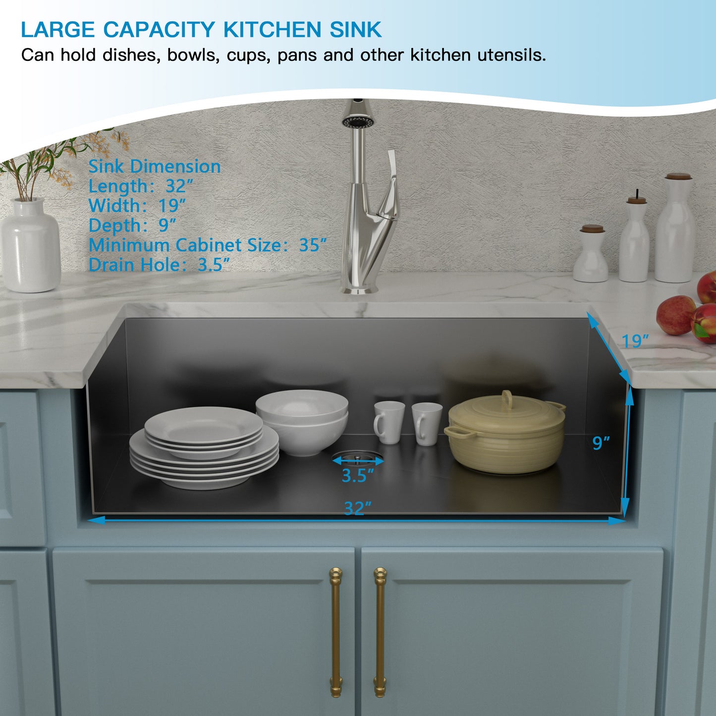 Lordear 32in x 19in x 9in Undermount Single Bowl Kitchen Sink Black Stainless Steel Sink with Drainer  from Lordear