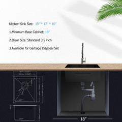 Lordear 15'' x 17'' Undermount Single Bowl Stainless Steel Bar Sink